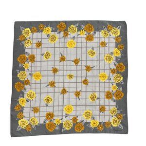 Vintage Ralfeau Silk Floral Scarf Yellow Sunflowers Gray Grid Pattern Headwear